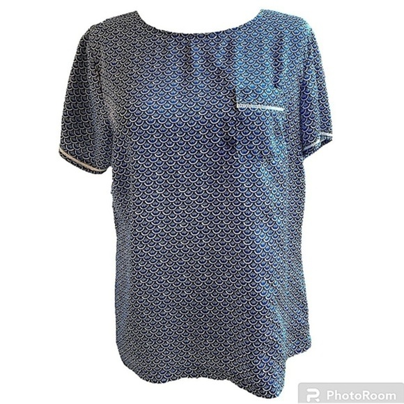 Brooks Brothers Geometric Floral Print Short Sleeve Blouse blue black white 6 - Picture 2 of 15